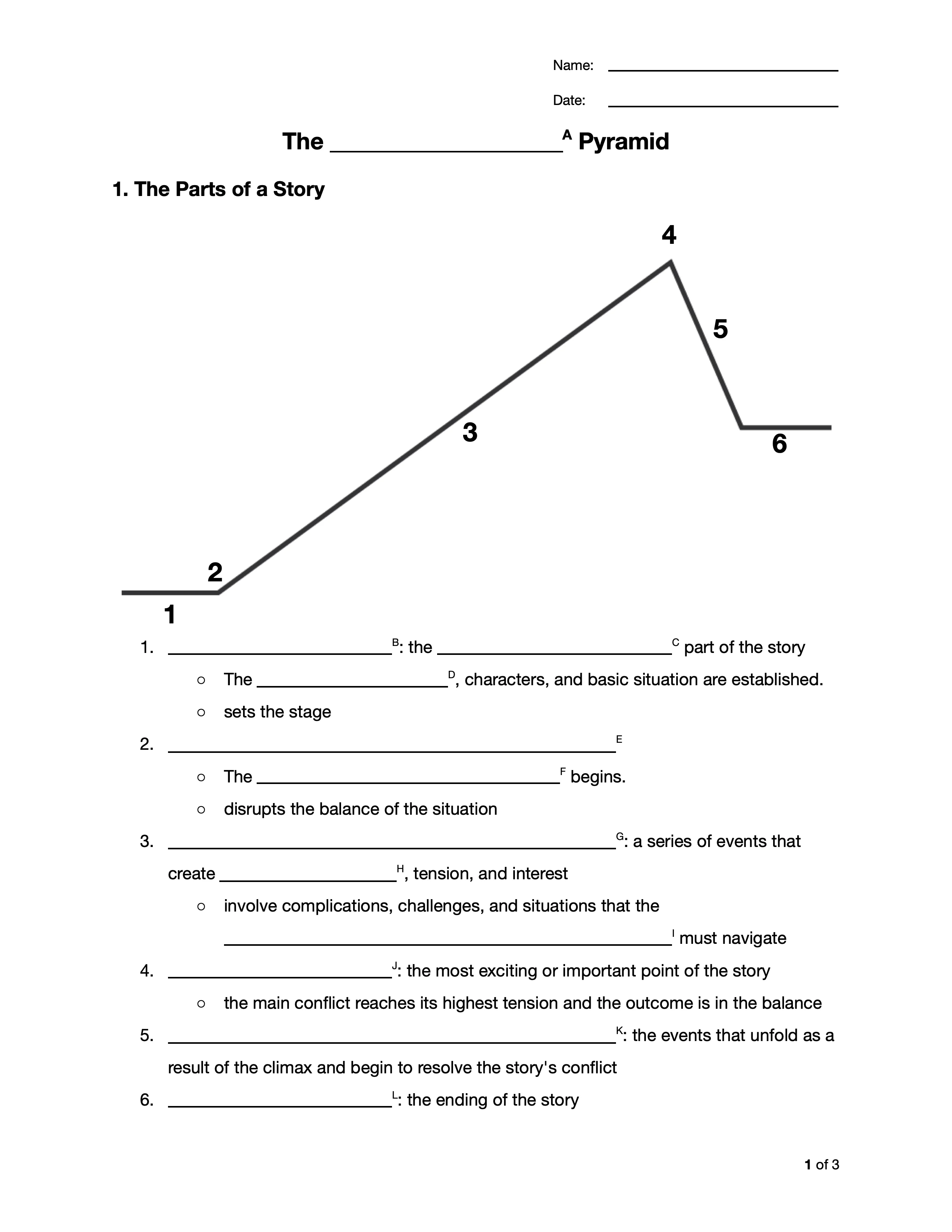 A Freytag narrative-arc pyramid drawn as a single climbing-and-falling line, marking the inciting incident and the climax.