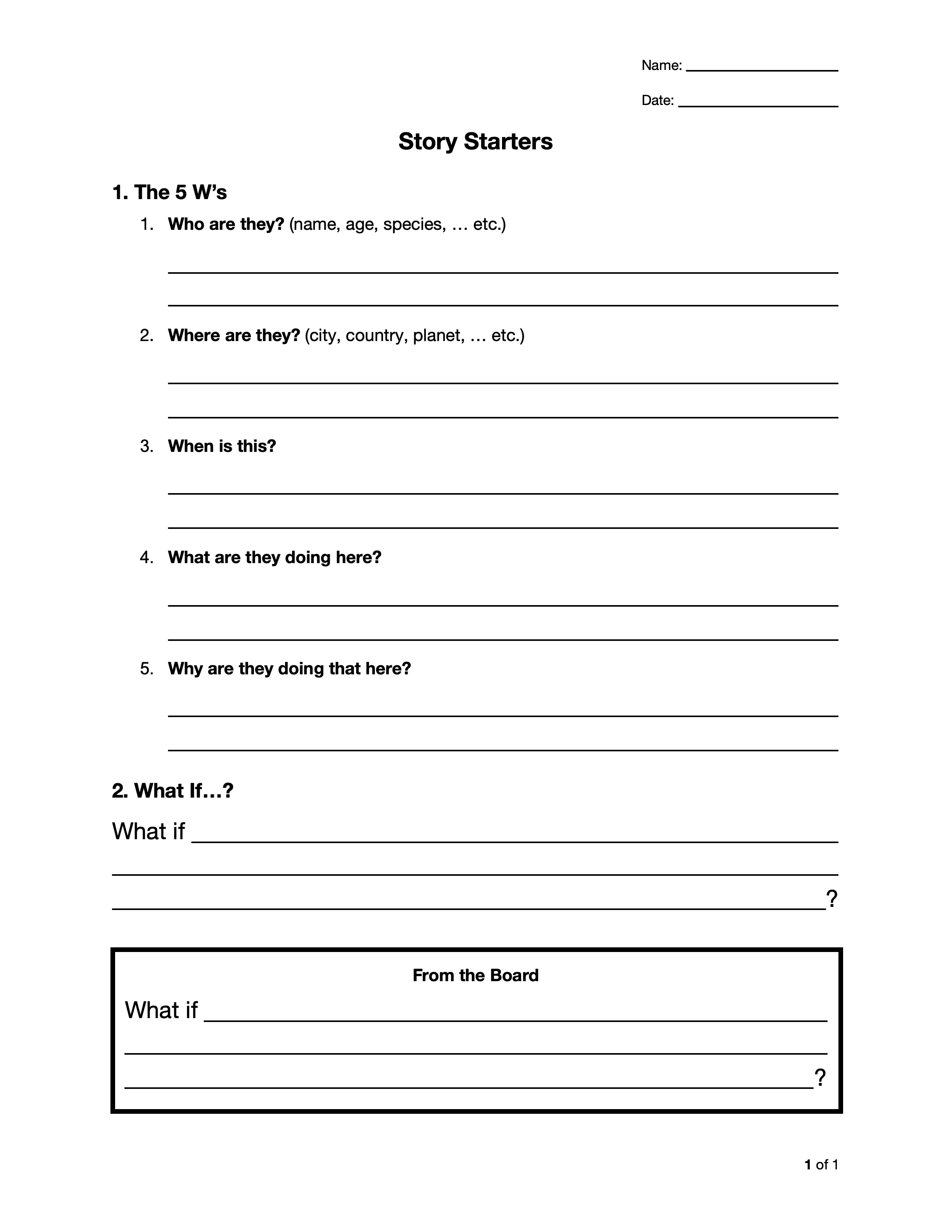 A handout of story-starter prompts used to get students drafting quickly.