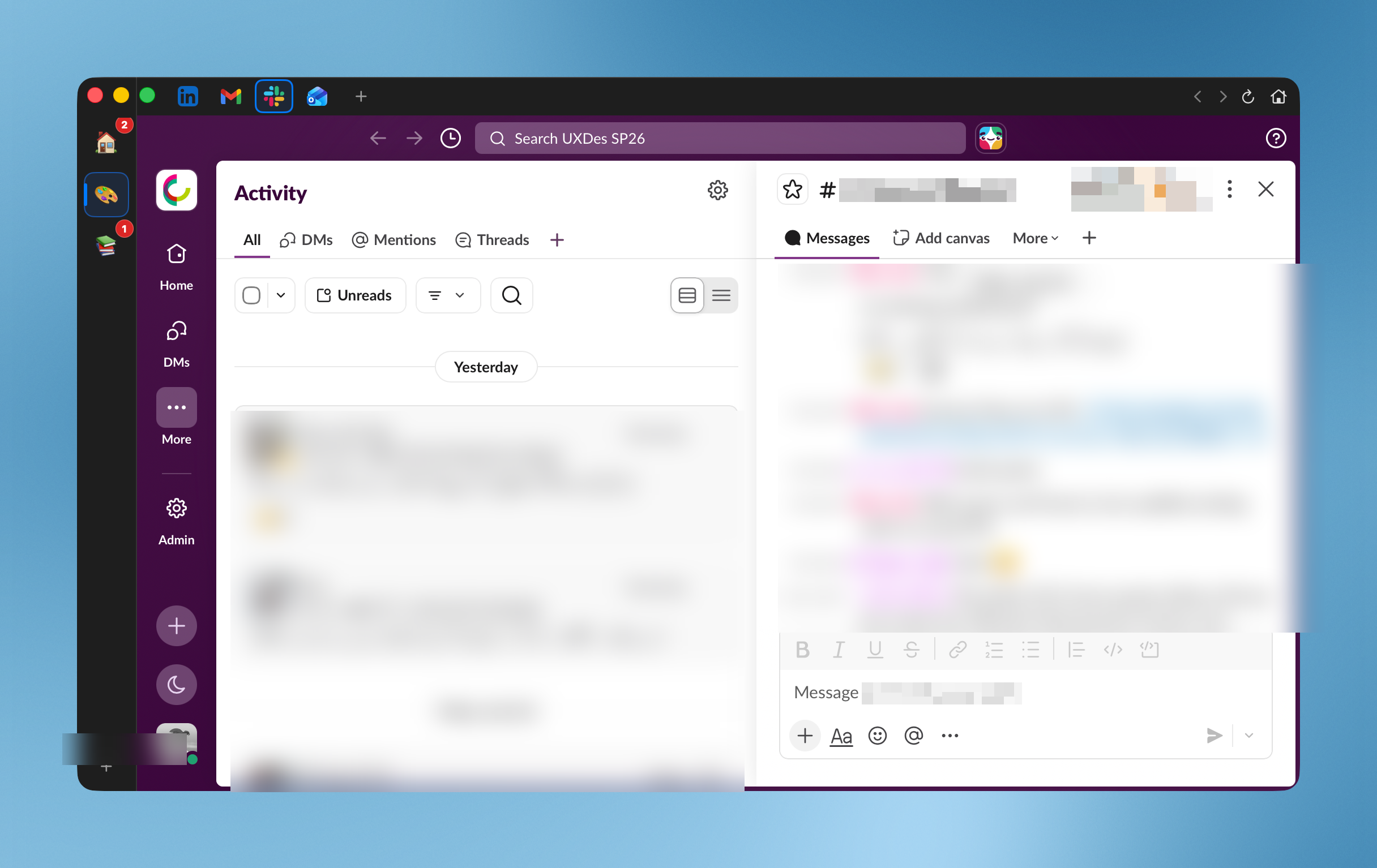 Chorus running on macOS: several web services gathered in one window, with a service-switcher rail on the left, Slack open to its Activity list and a channel, and message content blurred for privacy.