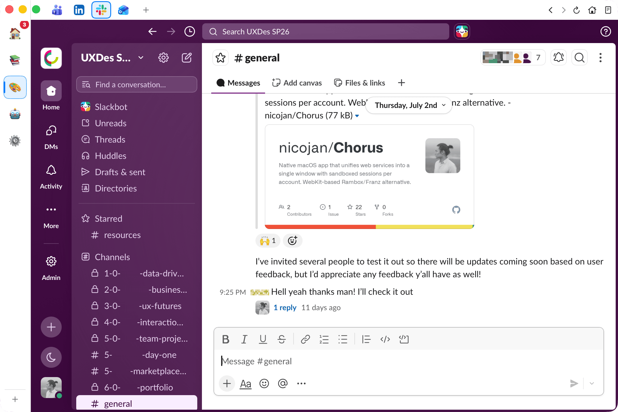 The Chorus GitHub repo shared in a UX design cohort's Slack, showing 22 stars and members signing up to test the app.