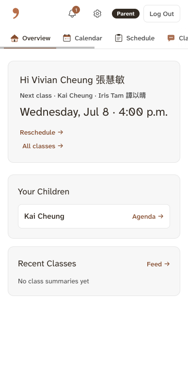 The parent overview on a phone, in English: a greeting, the next class time, reschedule and all-classes links, and the family's children.
