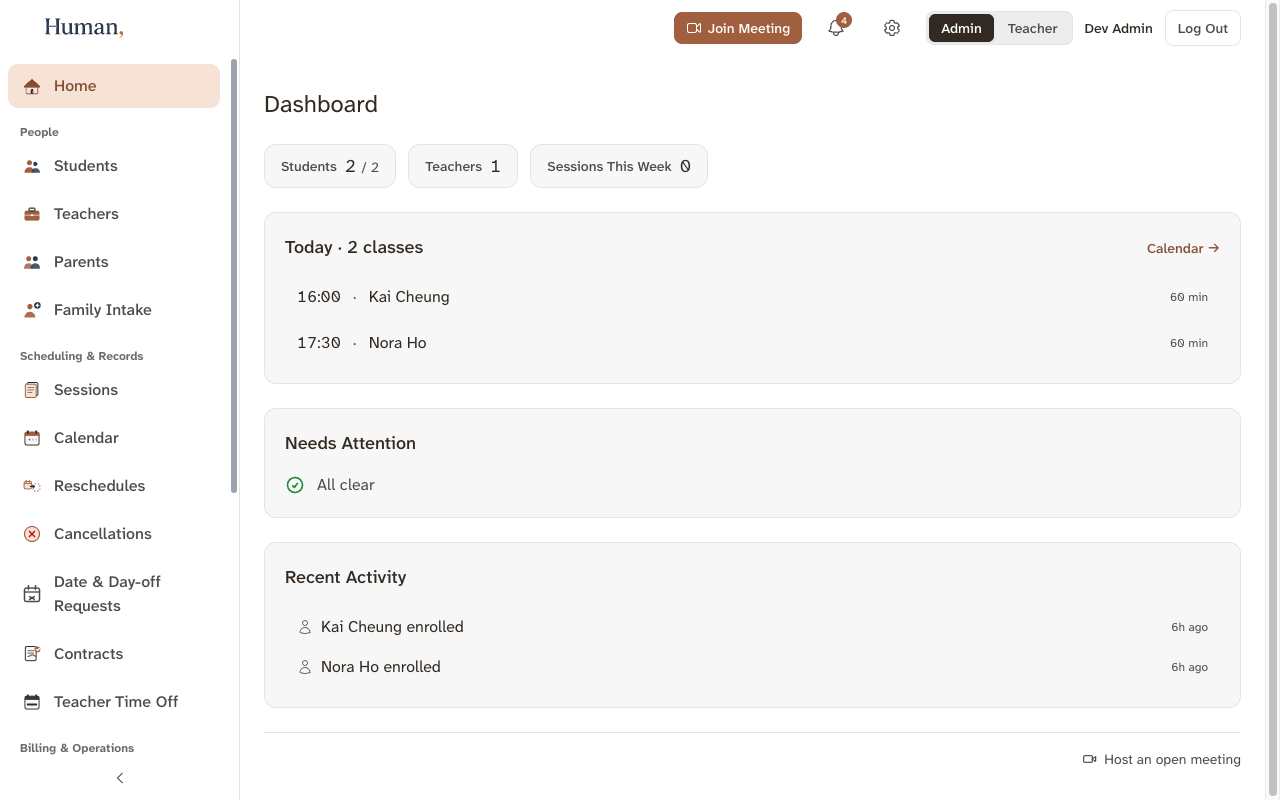 Admin dashboard: today's two classes, a needs-attention panel reading all clear, recent enrolments, and the full practice navigation down the side.