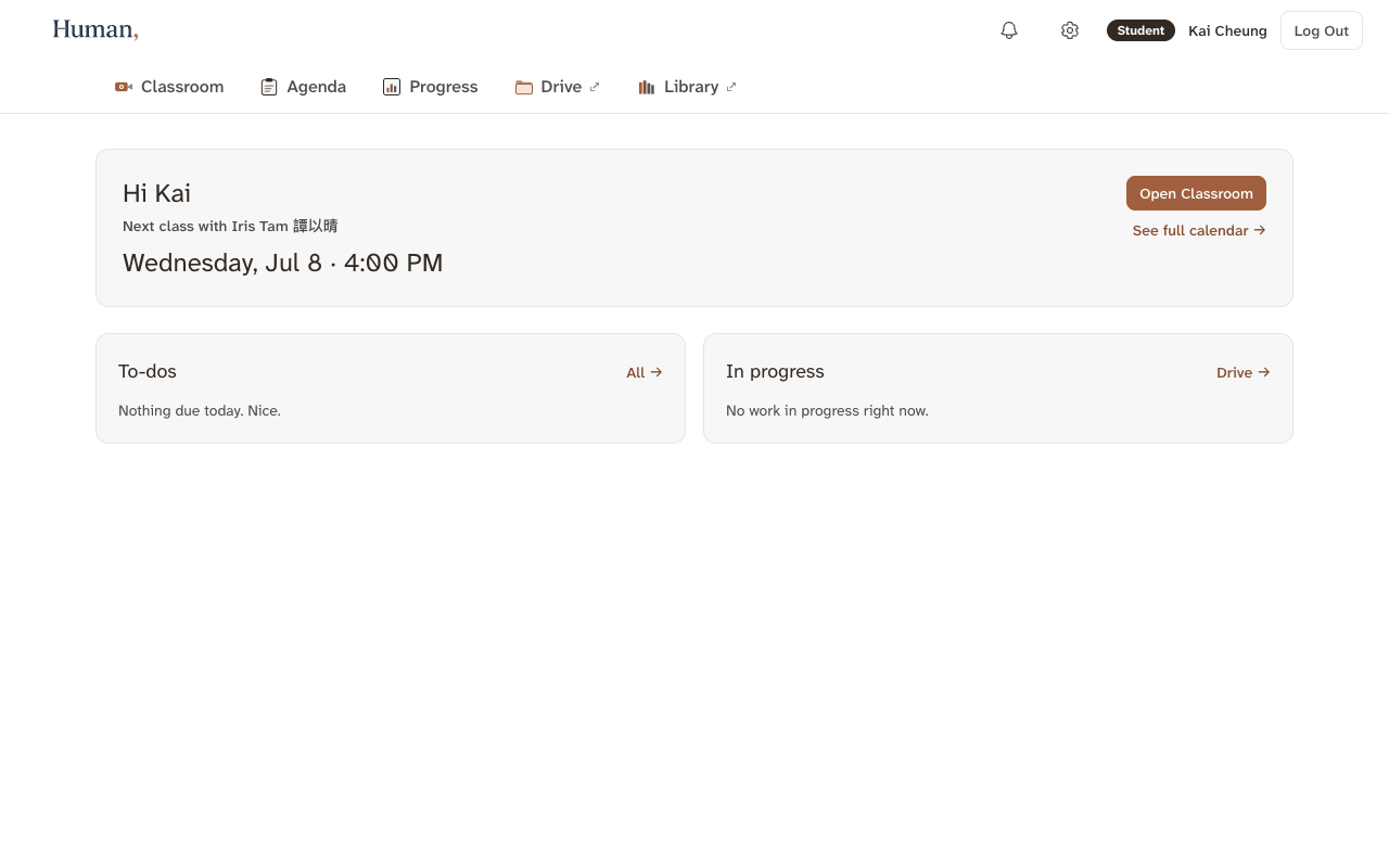 Student dashboard: a greeting, the next class time, an open-classroom button, and to-do and in-progress panels; no billing anywhere.