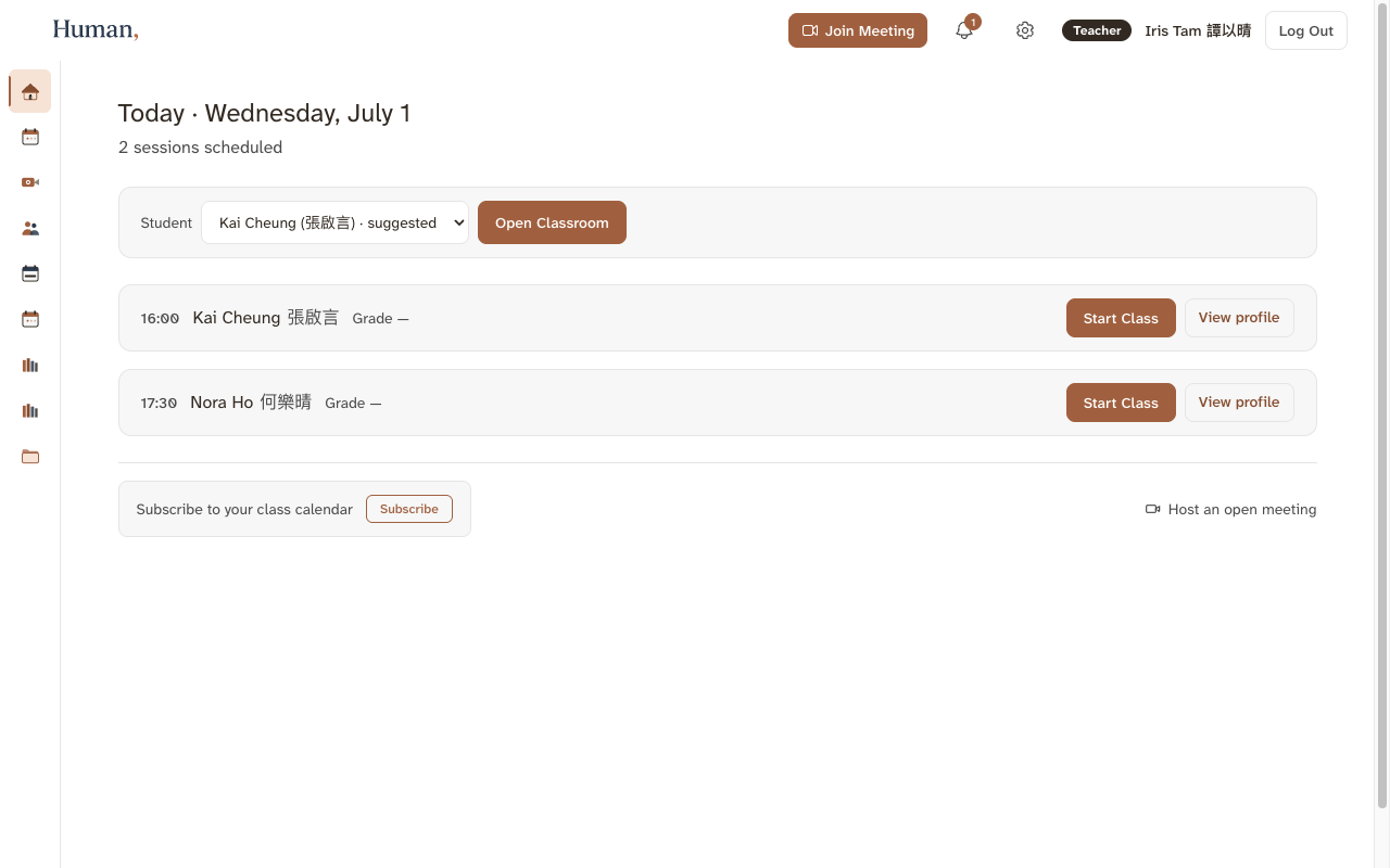 Teacher dashboard: today's scheduled sessions, each with a start-class button, and a link to subscribe to the class calendar.