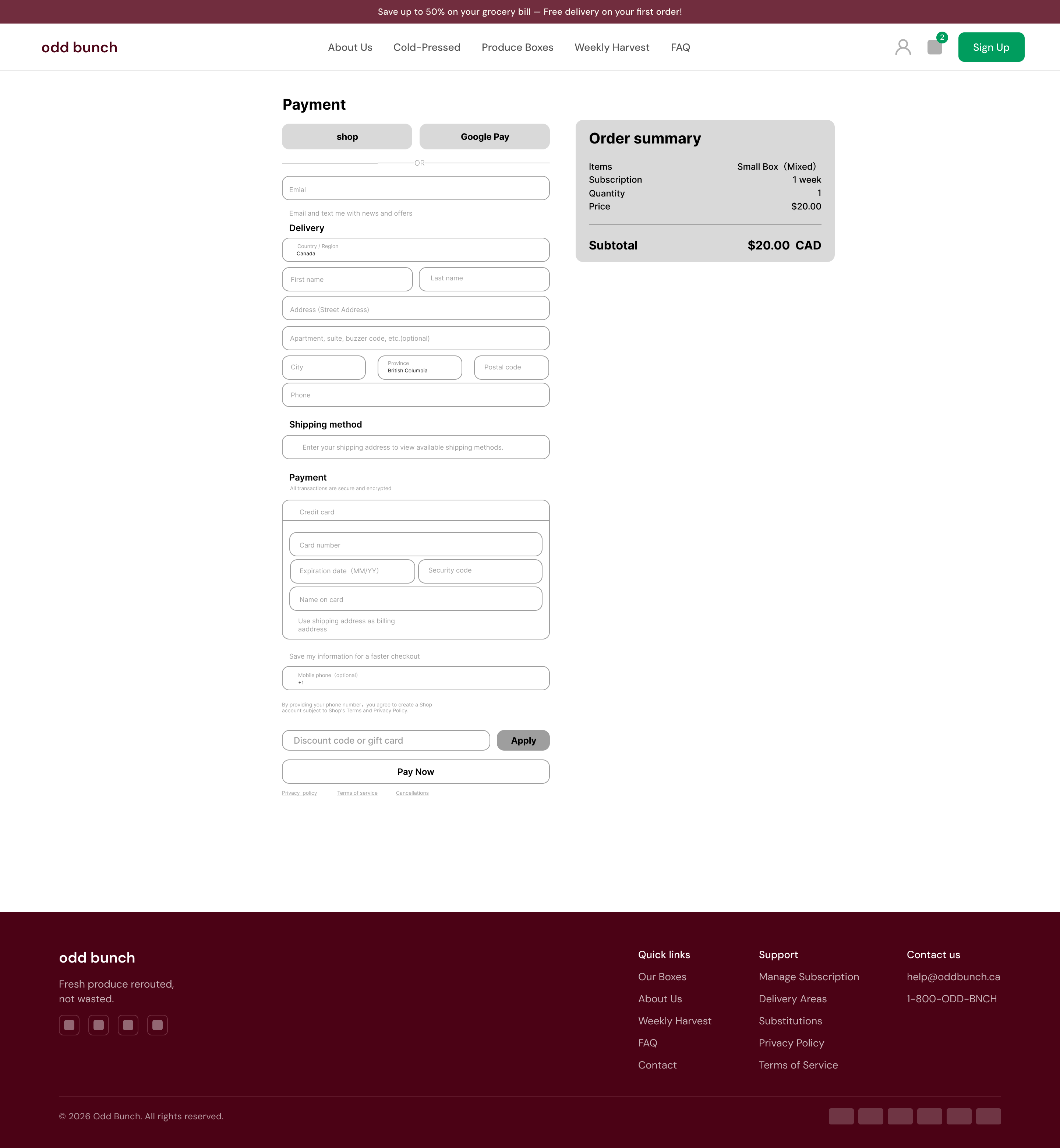 The hi-fi checkout page: payment method options, a delivery address form, shipping method, card payment fields, a discount code field, and an order summary.