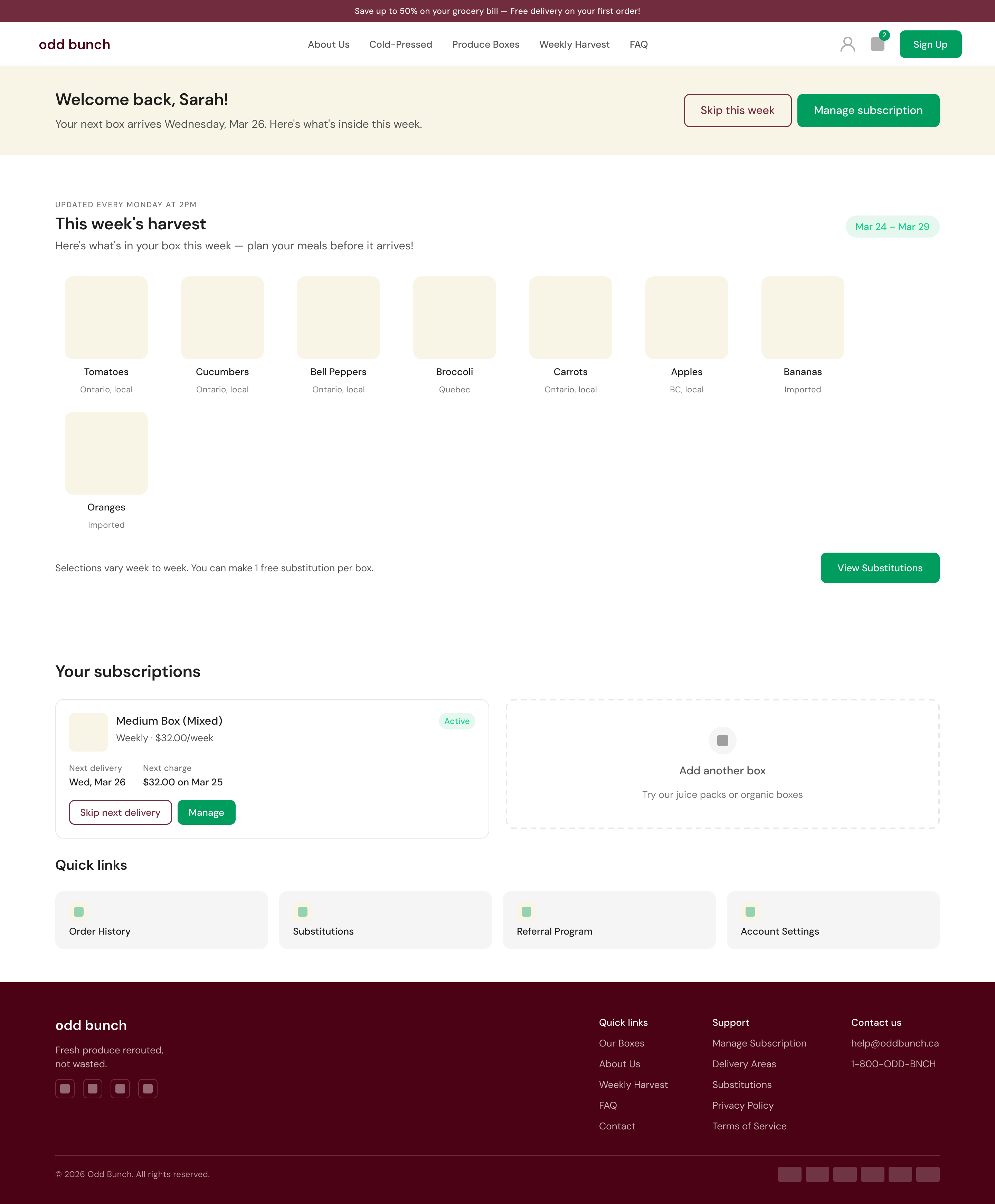 The redesigned Odd Bunch subscriber dashboard, with box editing, delivery skipping, and account settings consolidated into a single screen.