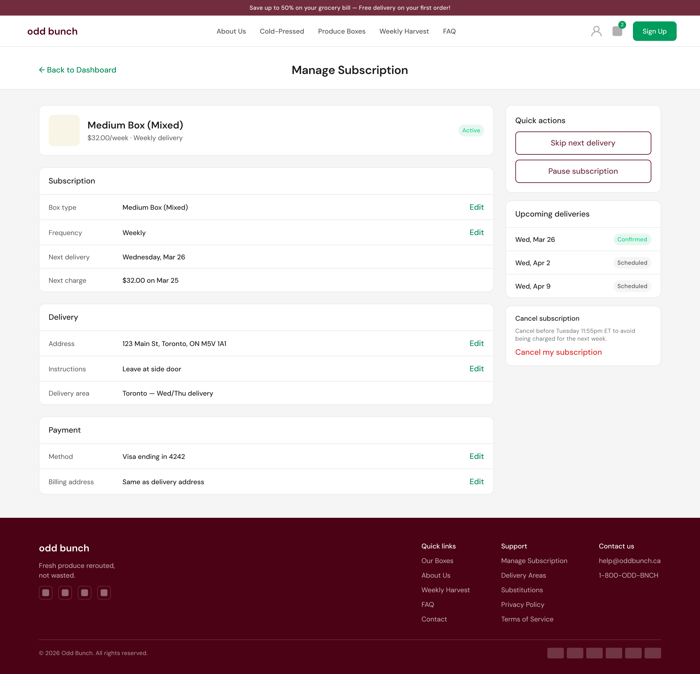 The hi-fi Manage Subscription screen: the current box and its price, quick actions to skip the next delivery or pause the subscription, upcoming deliveries, and a cancel-subscription link set apart from the rest.