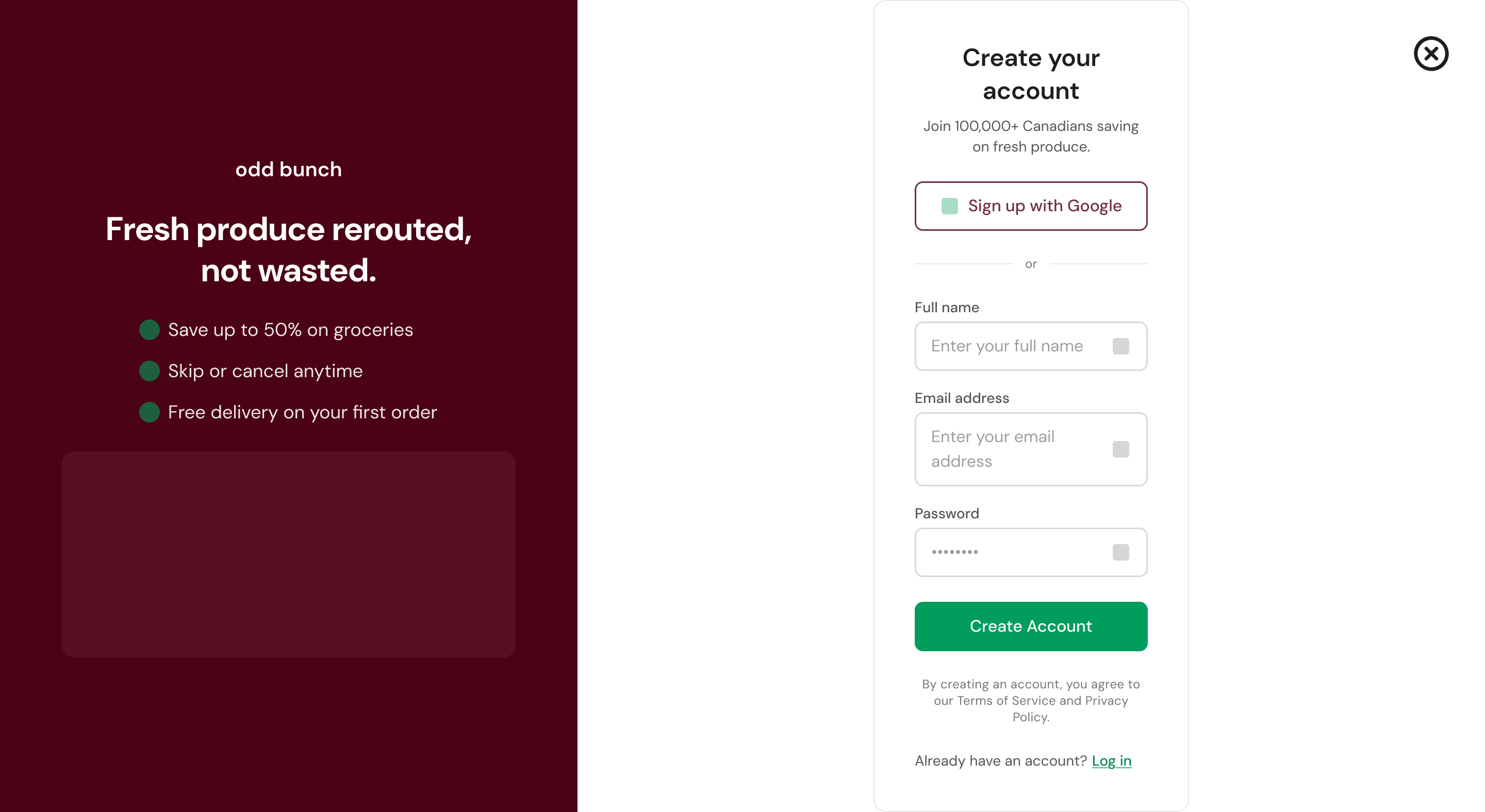 The hi-fi sign-up screen: create an account with Google, or with full name, email, and password, beside the marketing panel.
