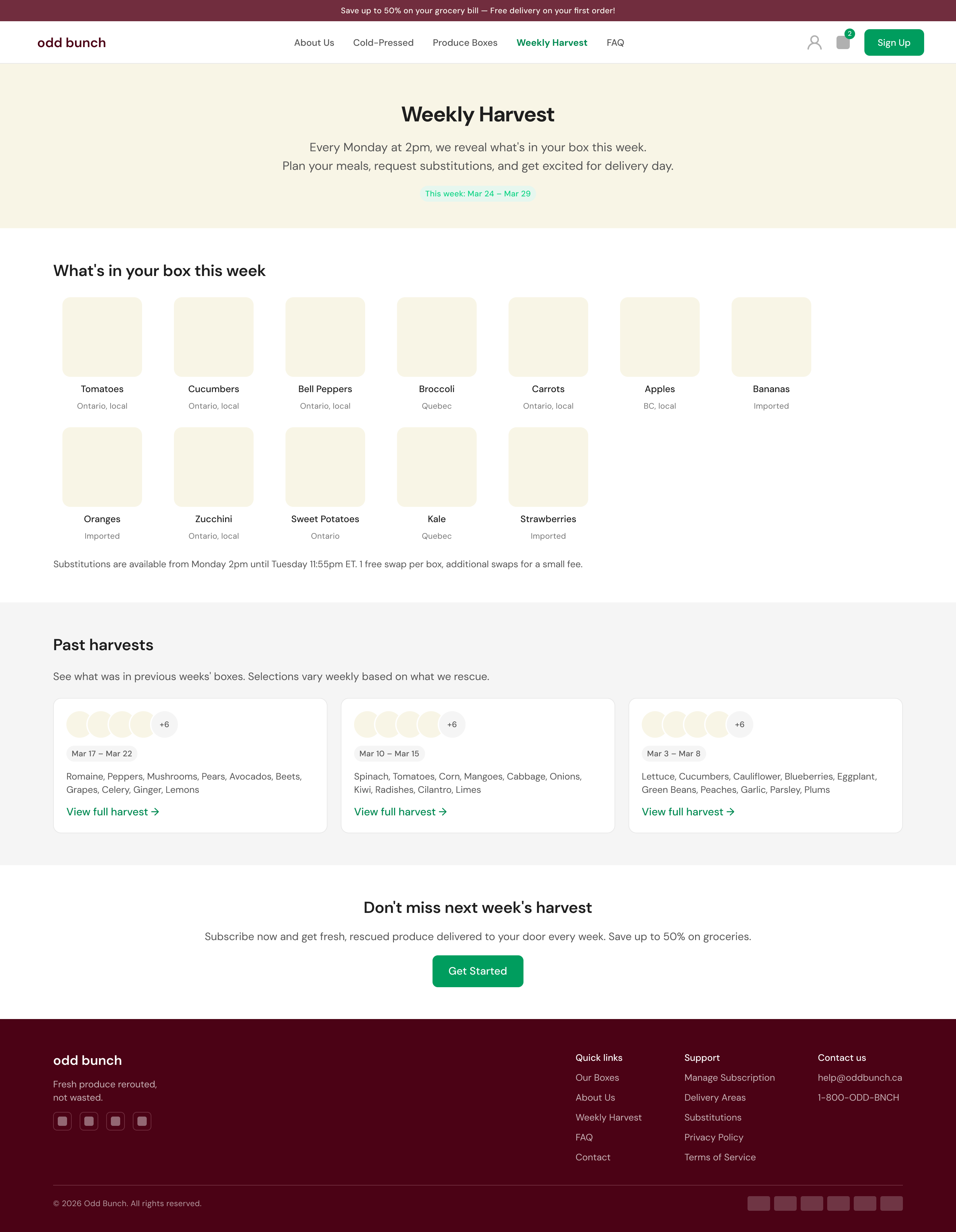 The redesigned Weekly Harvest page: the week's produce in a grid with local and imported origin tags, a substitution window, and cards for past harvests.
