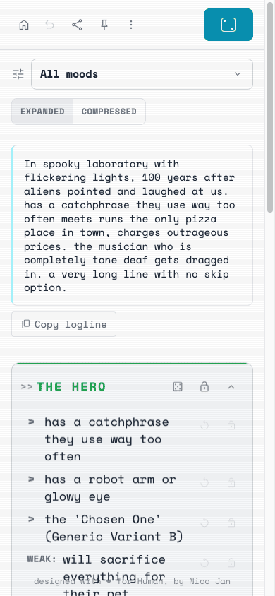 Pocket Dystopia on a phone: the premise cards stacked in a single column with the expanded and compressed toggle and a roll button.