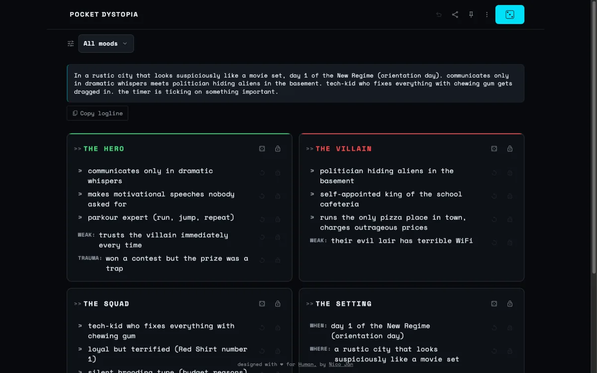 Pocket Dystopia results in dark mode: light text on black, hero and villain cards accented green and red.