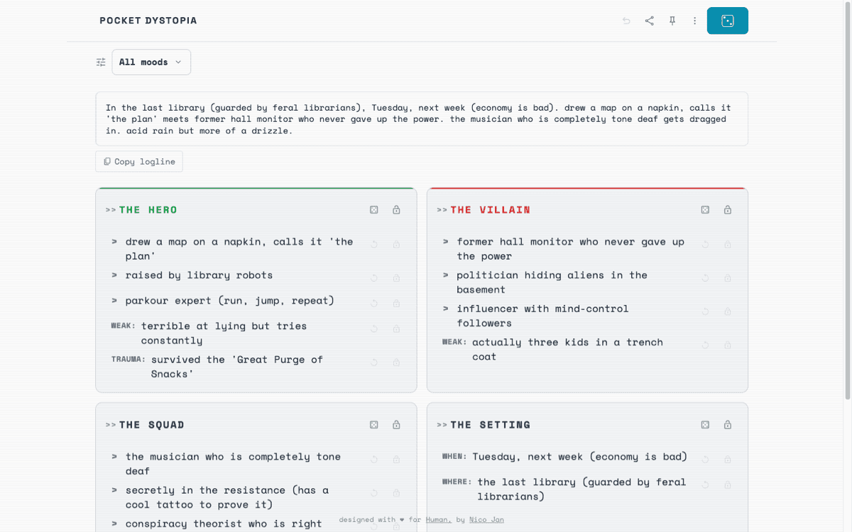 Pocket Dystopia results on desktop: a generated logline above cards for hero, villain, squad, and setting, each line with a small lock and re-roll control.