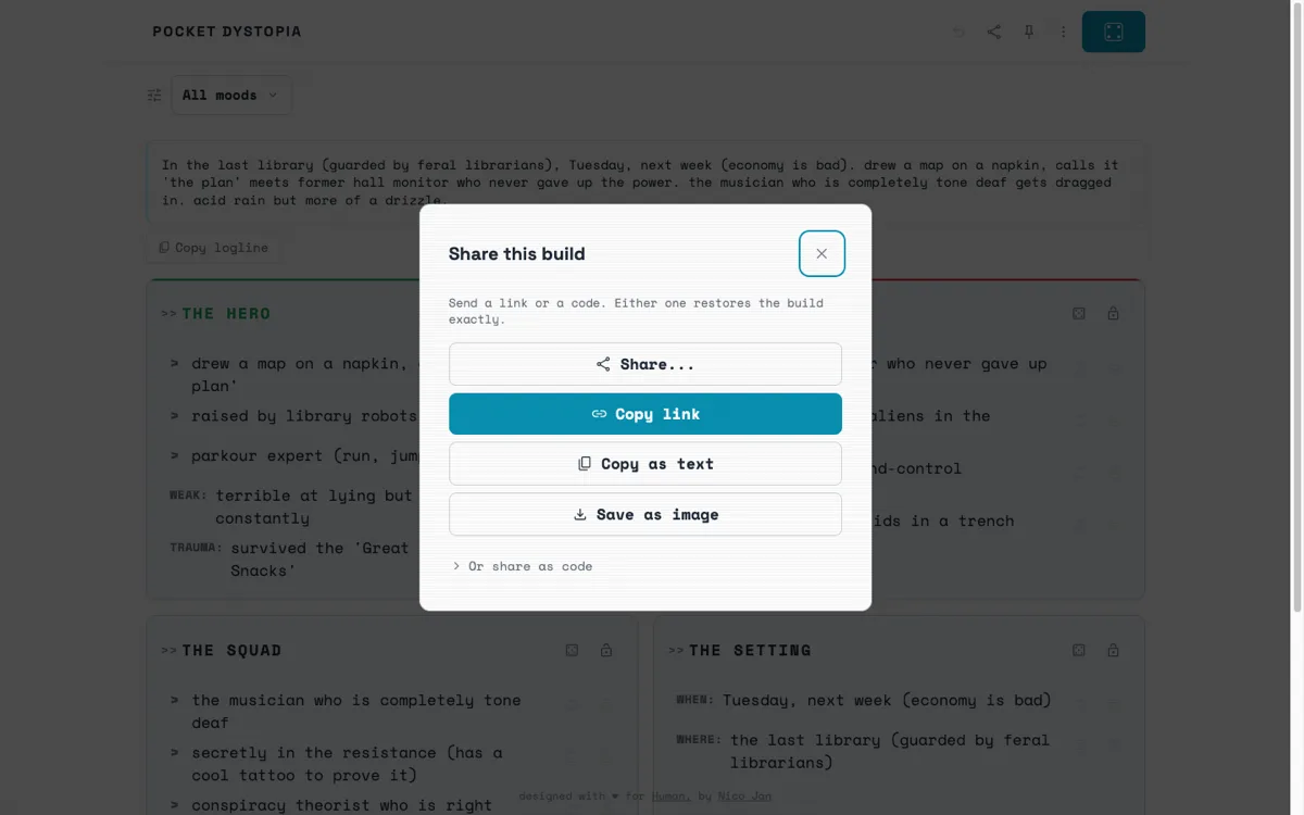 The Pocket Dystopia share dialog: Share, Copy link, Copy as text, Save as image, or share as code.